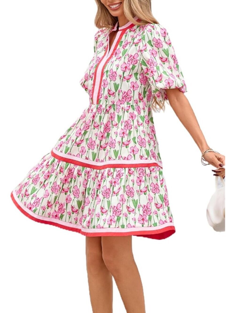 Women's Pink V Neck Puff Sleeve Floral Baby Doll Striped Imported Mini Dress